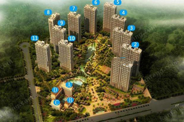 三亚和泓假日阳光由11栋板式高层建筑、概念风情酒店